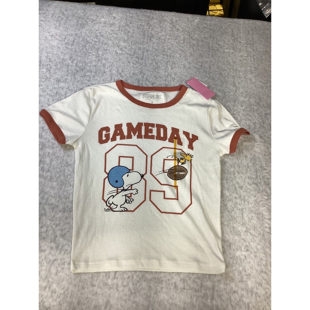 Peanuts Snoopy Gameday Ringer Tee‎ Off-White Rust Orange Small TG216860C NEW